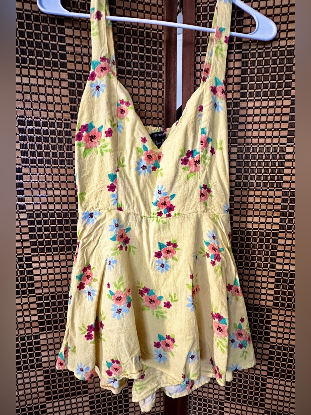 Yellow Floral Romper with Pink & Blue Blooms